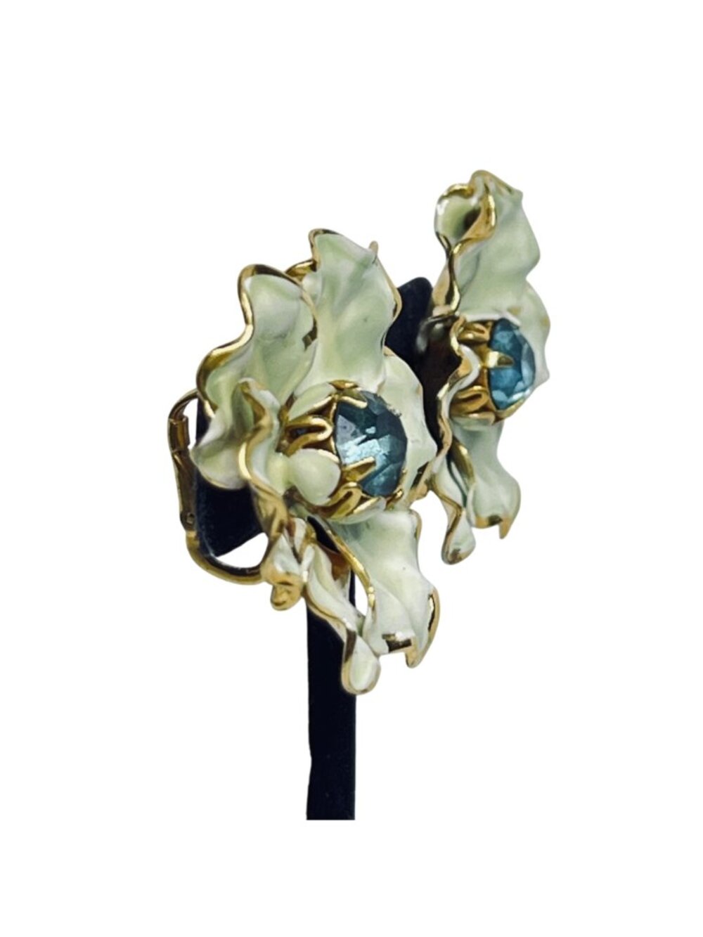 Gold Tone, Blue Rhinestone And Green Enamel Flower Clip On Earrings (6080) - Picture 4 of 6